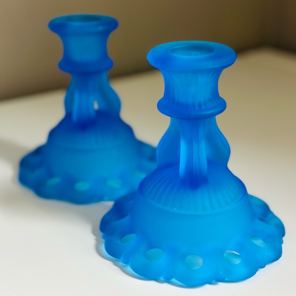 Vintage midcentury blue satin candle holder set